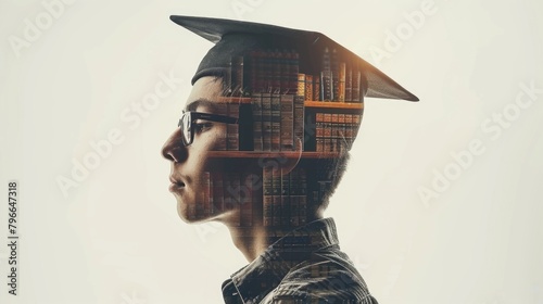 Double exposure portrait of a graduating student with cityscape