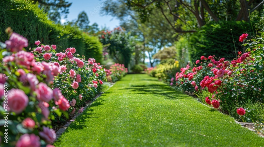 Lush green yard with pink roses Lush green yard with pink roses