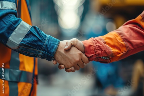 Two people shaking hands in a warehouse