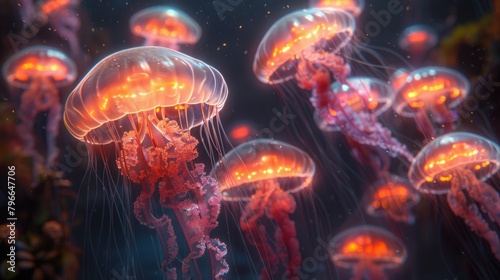 Multiple jellyfish swimming together in the ocean, displaying various sizes and colors.
