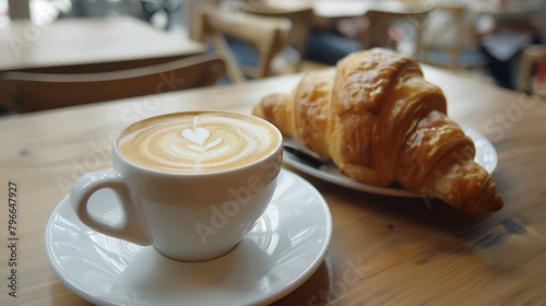 Cappuccino cup and croissant for breakfast in a coffee shop