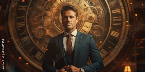 Man in suit and tie standing in front of clock photo