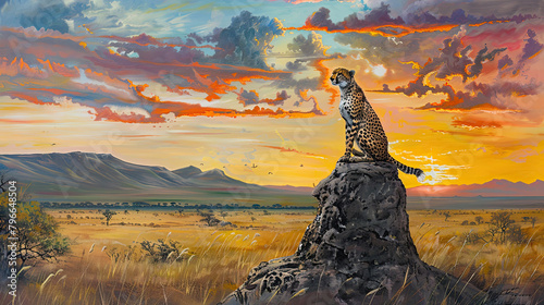 A cheetah poised on a termite mound, surveying the vast savanna, the panoramic view encompassing the vibrant colors of the setting sun against the mountains. photo