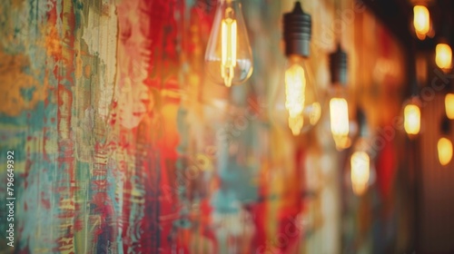 Blurred muralcovered walls cast in a warm glow from dangling Edison lights creating an inviting atmosphere. .
