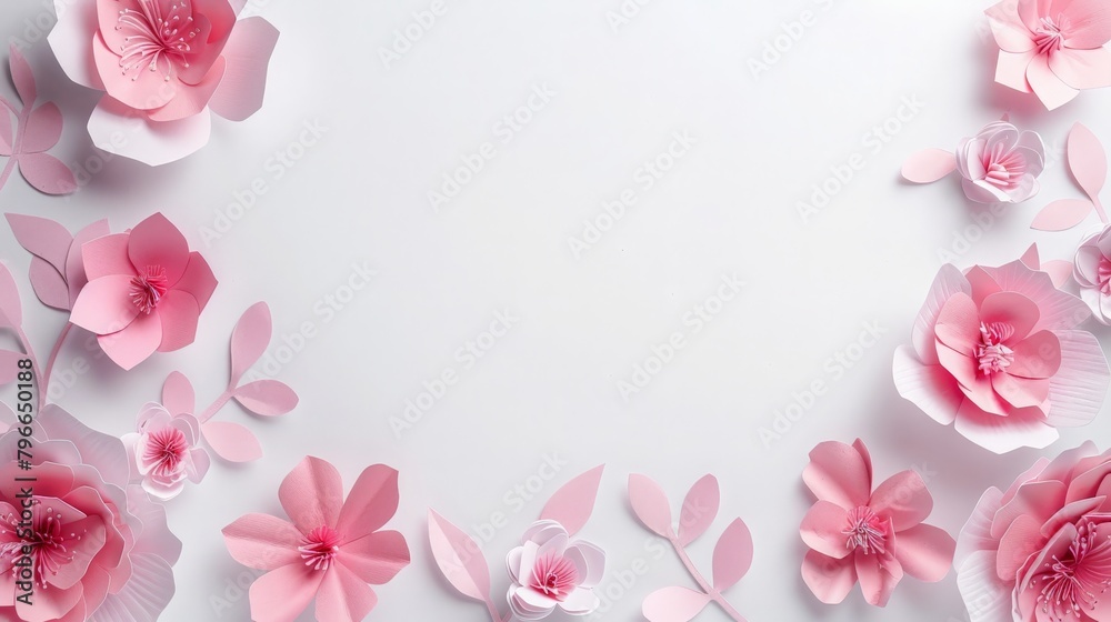 frame with pink paper flowers on white background. Cut from paper. place your text frame with pink paper flowers on white background. Cut from paper. place your text