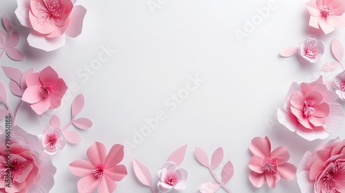 frame with pink paper flowers on white background. Cut from paper. place your text 