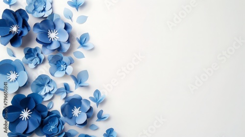 frame with blue paper flowers on white background. Cut from paper. place your text 