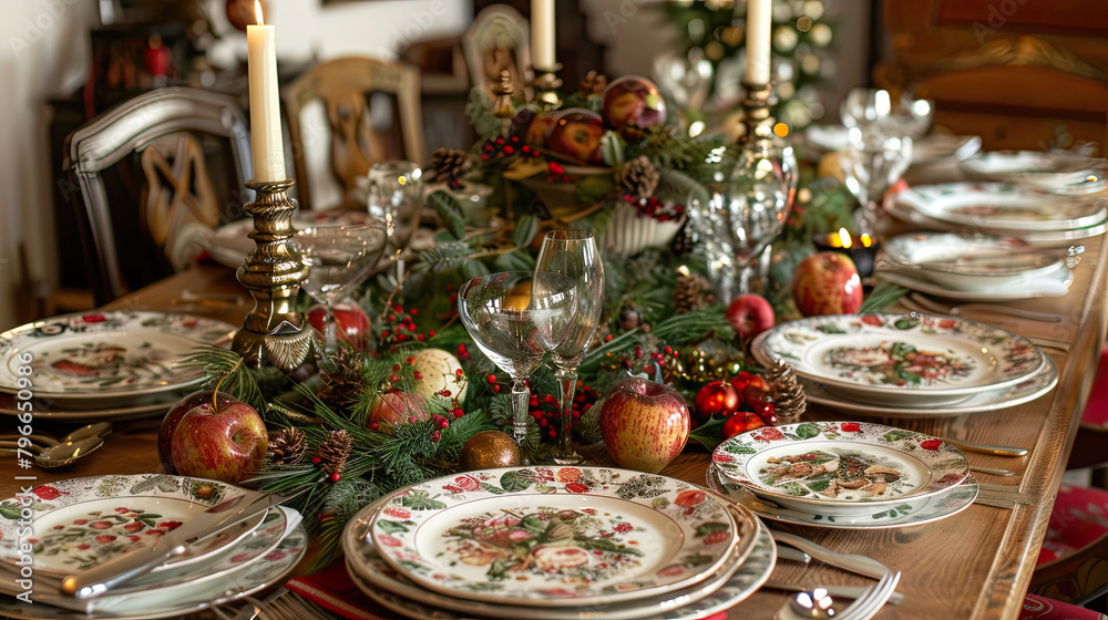 A festive table setting for a holiday meal, with a focus on the communal joy and seasonal decorations.