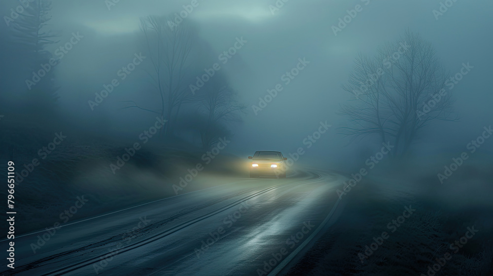 A foggy road with a phantom car appearing out of nowhere, its headlights piercing the mist.