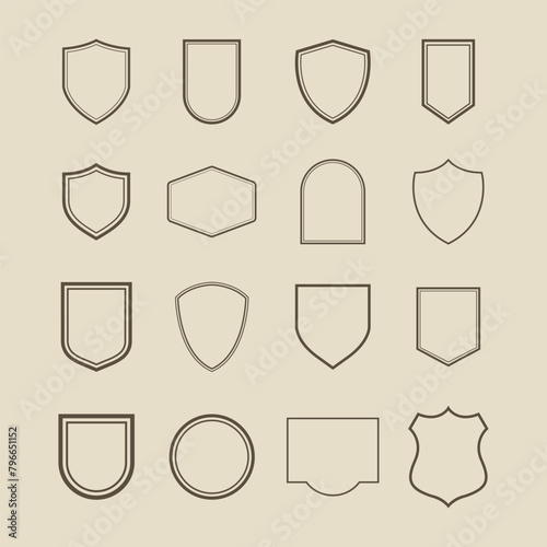 Shields set. Collection of security shield icons with contours and linear signs. Design elements for concept of safety and protection.