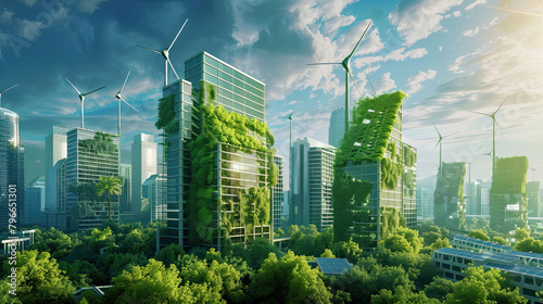 a futuristic cityscape powered entirely by sustainable energy sources, featuring sleek buildings with green roofs, solar panels, and wind turbines seamlessly integrated into the architecture.