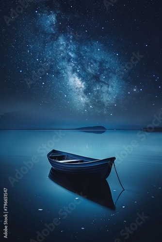 Peaceful solitude as a small boat drifts on a calm lake beneath a vast, starry night sky
