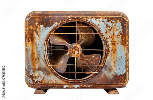 A large, rusty air conditioner with an old metal fan on top of it. white background