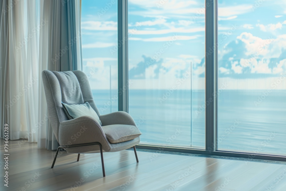 Fototapeta premium A view from the chair beside the window: As the morning rises, the apartment becomes a cozy retreat where residents can unwind and admire the twinkling sea view from the comfort of their own home