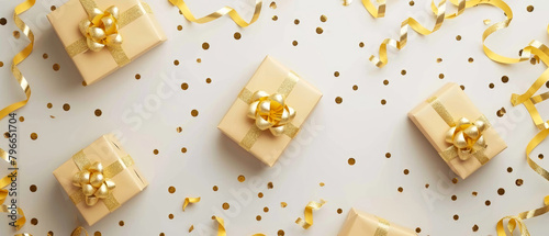 Happy Holidays mock up with golden gift boxes. Celebration greeting background with presents, confetti, decorations. Flat lay. Top view. Generative Ai