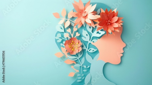 Paper cut girl head silhouette cutout with paper cut flower for greeting card.  © Maaz