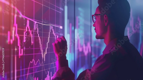 illustration, male entrepreneur or investor playing with up and down graphs. Investing strategy on financial Stock exchange market. Financial adviser, analytics, stockbroker  photo