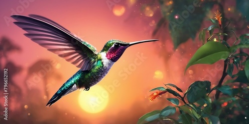 Illustration Of a Flying Hummingbird Near Flower On Sunset