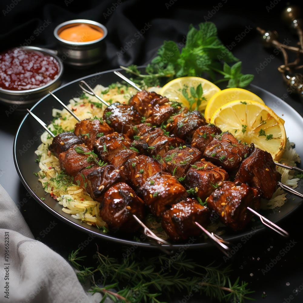 grilled meat skewers served with basmati rice with lemons, herbs and spices