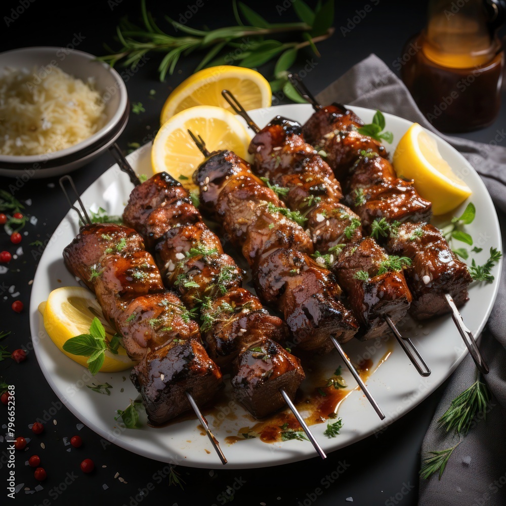 grill meat skewers with vegetables served with slices of lemon, herbs and spices