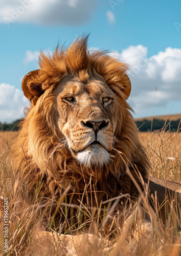 Portrait of majestic Lion. African safari. Savannah. King. Powerful. Wildlife  habitat  nature reserve.