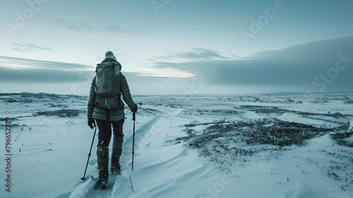 a woman hiking through a winter tundra On the left of the composition is the man walking towards the horizon wearing dark survival and hiking gear