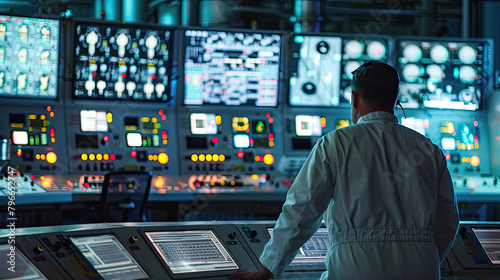 A look into a busy control room of a nuclear facility, crucial for high-output power. photo