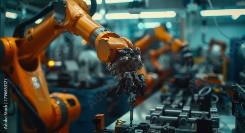A worker controls a factory robot as a colleague assists him on the right, Generated by AI