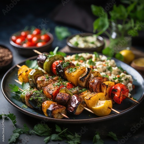 shish kebabs on skewers served with herbs and spices
