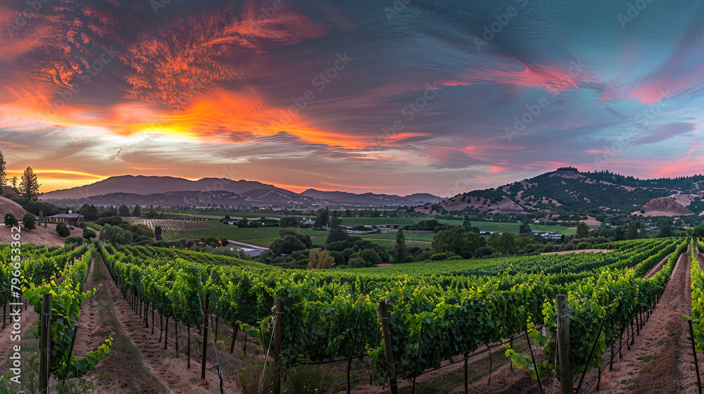 A panoramic view of a vineyard at sunset, emphasizing the beauty and romance of wine country.