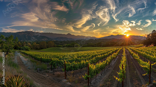 A panoramic view of a vineyard at sunset  emphasizing the beauty and romance of wine country.