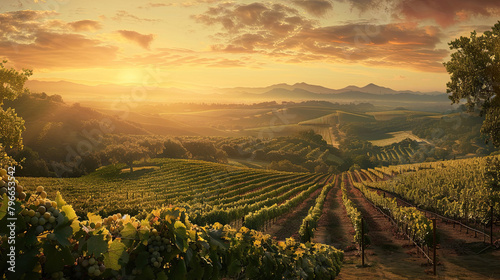 A panoramic view of a vineyard at sunset, emphasizing the beauty and romance of wine country. photo