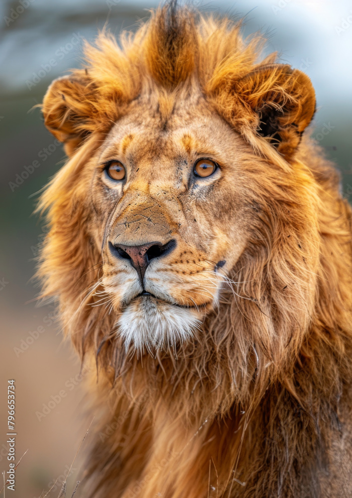 Portrait of majestic Lion. African safari. Savannah. King. Powerful. Wildlife, habitat, nature reserve.