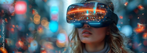 Woman wearing virtual reality headset 3D pop icons of technology floating around future of education photo