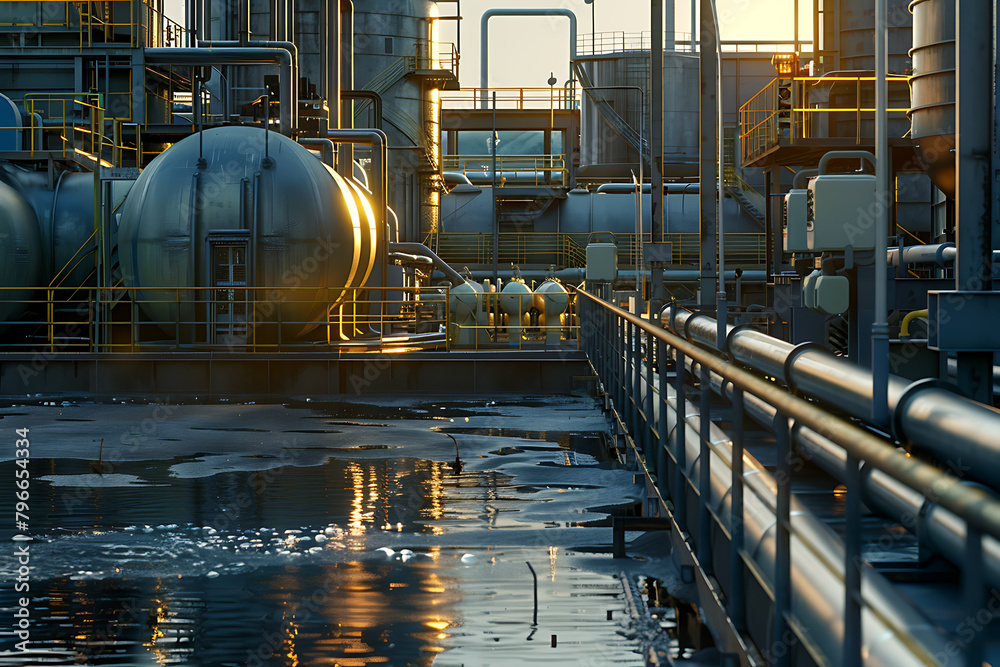 A sewage treatment plant with filtration systems, processing effluent and wastewater for environmental sustainability and clean water preservation.