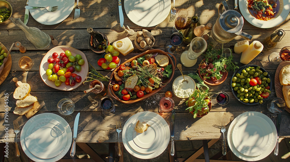 A rustic table spread with a Mediterranean feast, highlighting the warmth of shared meals. A rustic table spread with a Mediterranean feast, highlighting the warmth of shared meals.