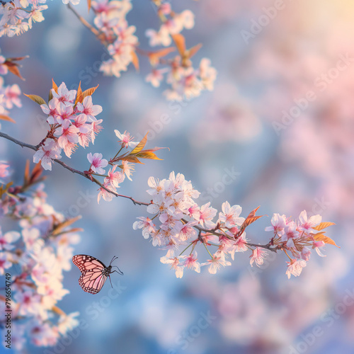 blossom in spring, Branch of flowering cherry tree with butterfly on blue and pink spring light background. . stock photo