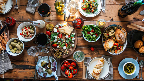 A rustic table spread with a Mediterranean feast, highlighting the warmth of shared meals.