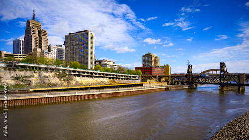 St. Paul City in Minnesota  skyline  skyscrapers  and Wabasha Street Bridge over the Mississippi River in the Upper Midwestern United States