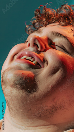 a studio shot of a closeup of A person with really chubby face cheeks, happy face, closed mouth