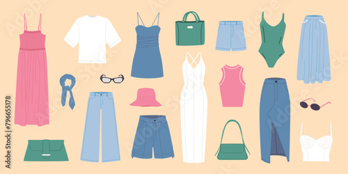 Large set  Women clothes. Summer women's clothing, bags, sunglasses. Dresses, tops, denim skirt, shorts, sunglasses. Color flat vector illustrations isolated on background. © Hanna Perelygina