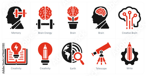 A set of 10 School and Education icons as memory, brain energy, brain