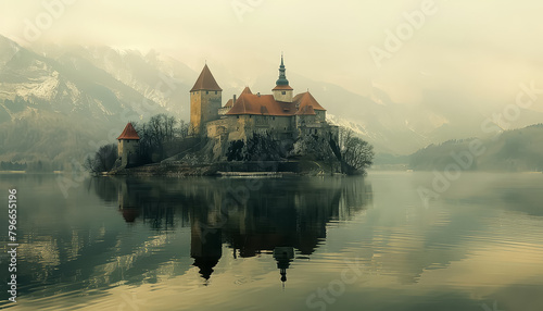 A castle is reflected in the water of a lake photo