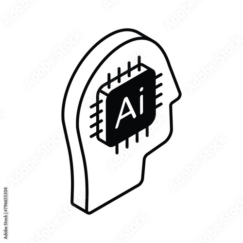 Head with microprocessor chip, concept icon of brain chip, ai brain vector