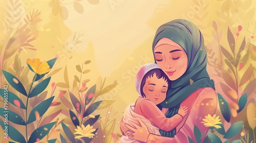 Muslim Mom hugging her baby, decorative style illustration 
