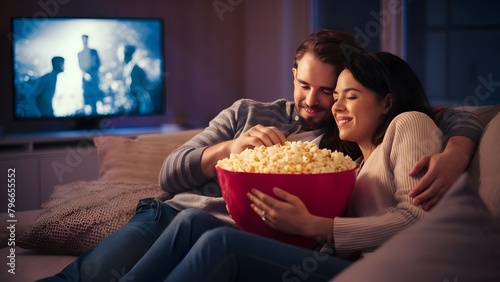 couple watching tv with popcorn