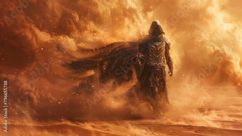 A lone warrior adorned in armor made of enchanted crystals stands in the middle of a desert as a sandstorm rages around him. With . .