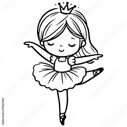 cute girl Princess ballet dancer performing a graceful arabesque, with one leg extended behind her and arms in an elegant pose