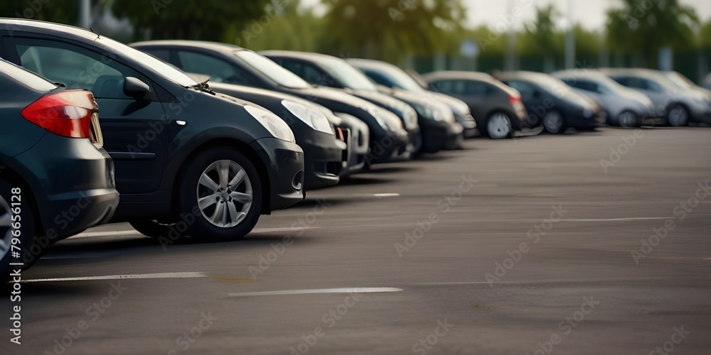  Car dealership advertisements, rental service promotions, insurance company materials,Car Parked at Outdoor Parking Lot: Used Car Sale, Rental, and Insurance Background