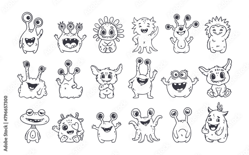Big set of cartoon monsters. Cute monsters doodle. Kids funny character design for posters, cards, magazins. Line. Vector illustration

